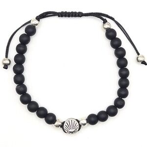Matte Black Onyx Beaded Adjustable Cord Bracelet with Silver Shell Charm Accent